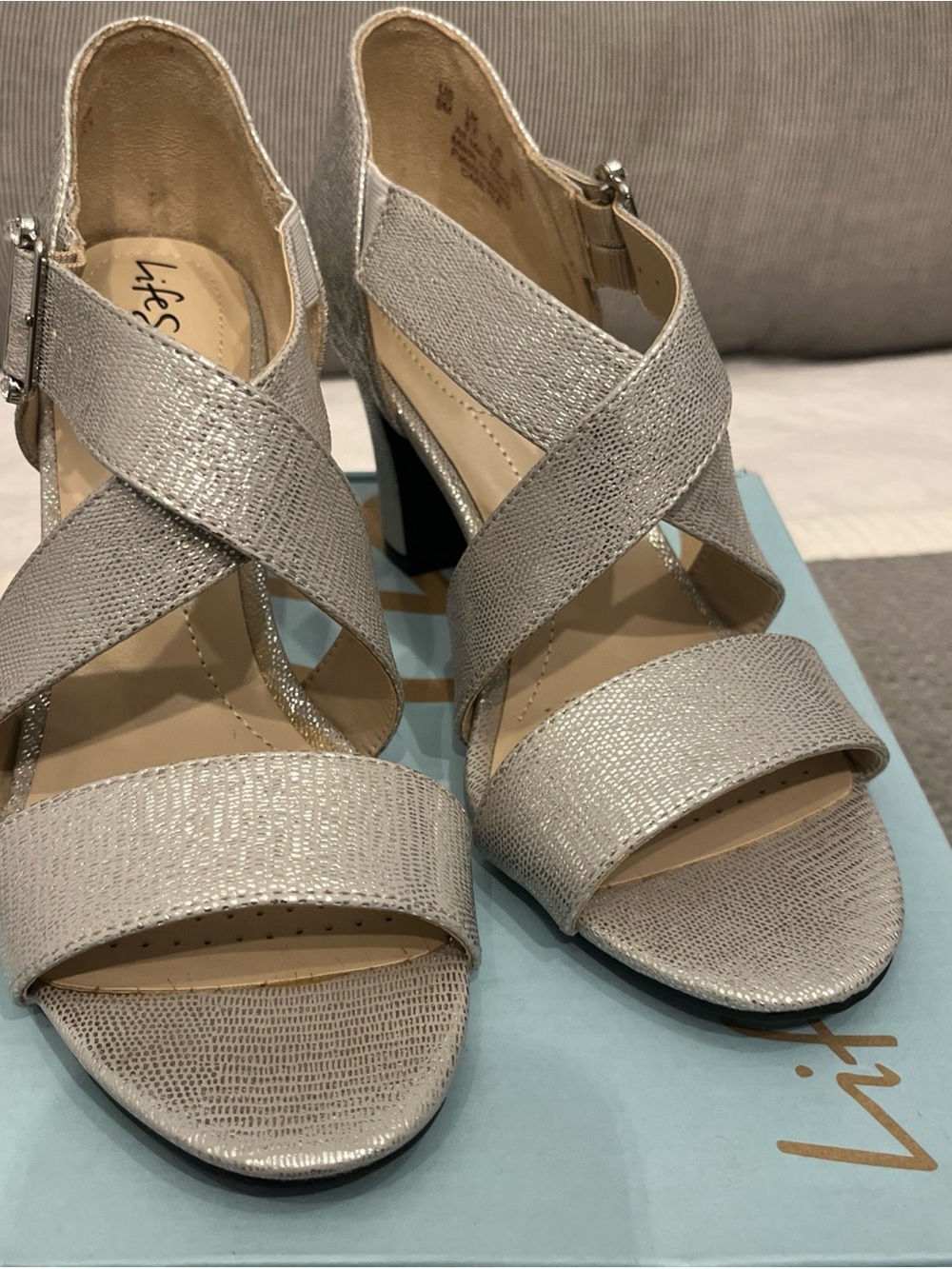 Life Stride Metallic Silver Crossband Block Heel Sandals